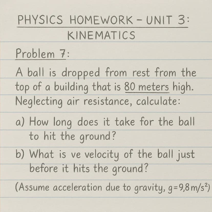 Physics homework problem about a ball dropped from a building displayed on a Mac screen